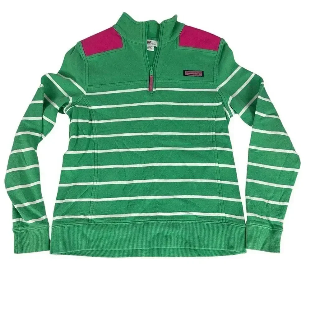Vineyard Vines Women's Green & White Stripes with Pink Shoulders size XS